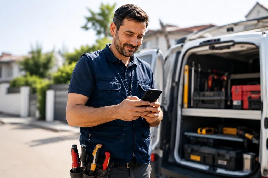 Επαγγελματίας με smartphone μπροστά από service van