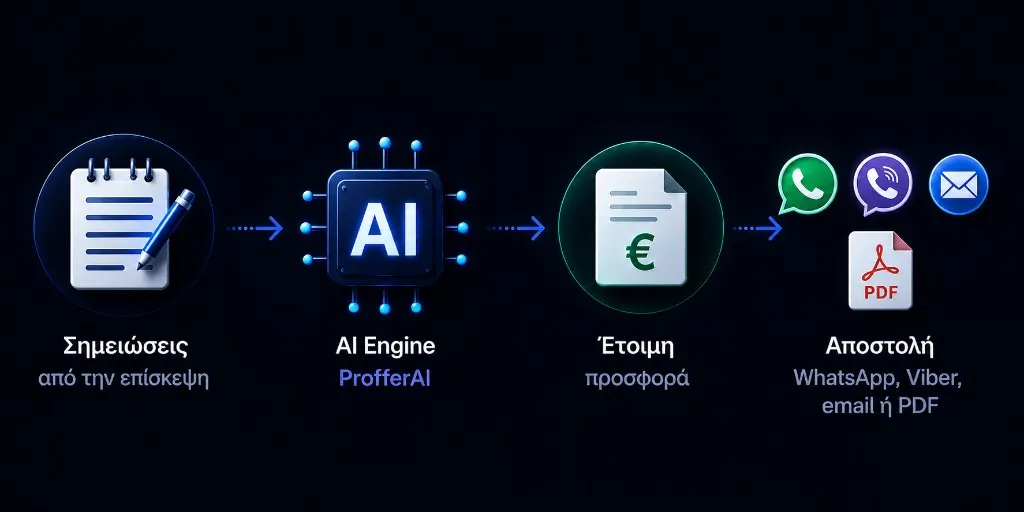 Ροή ProfferAI: σημειώσεις επίσκεψης, AI engine, έτοιμη προσφορά, αποστολή WhatsApp, Viber, email ή PDF