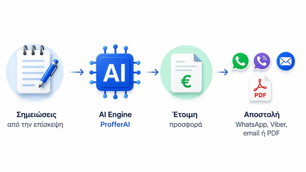 Ροή ProfferAI: σημειώσεις επίσκεψης, AI engine, έτοιμη προσφορά, αποστολή WhatsApp, Viber, email ή PDF